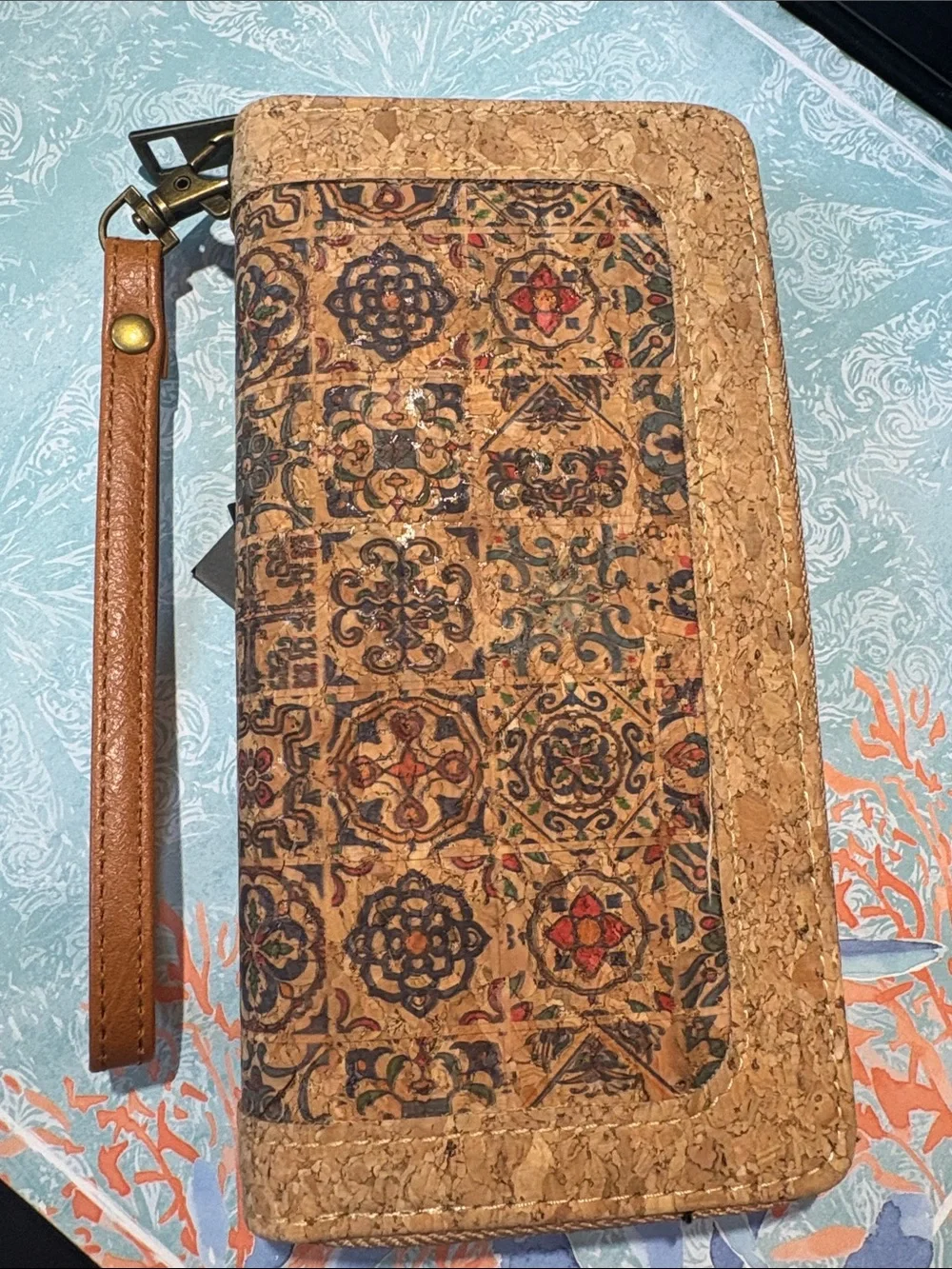 Cork Zip Wallet with Patterned Inlay - Neutral Tan - Picture 1 of 4